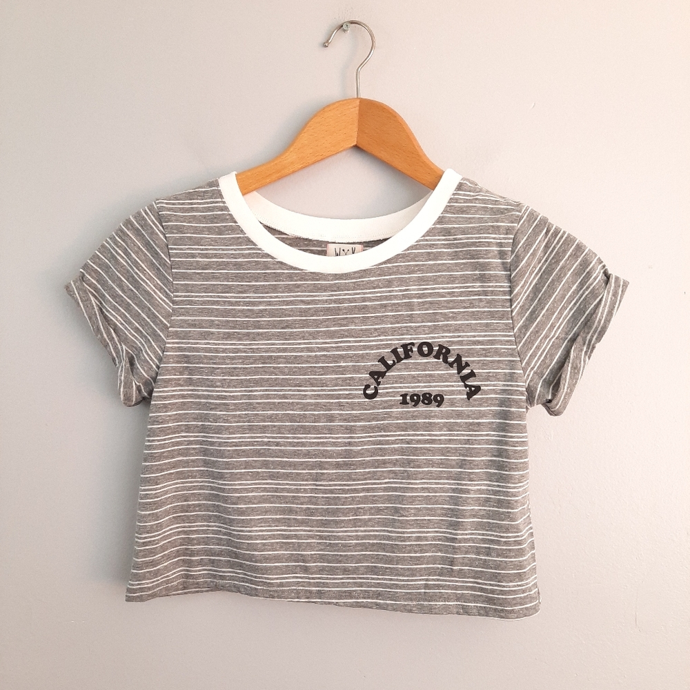 WK 1989 Gray & White Striped California Crop Top